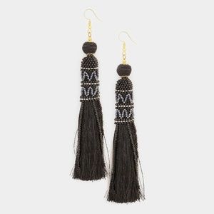 Black Thread Ball Beaded Tassel Earrings